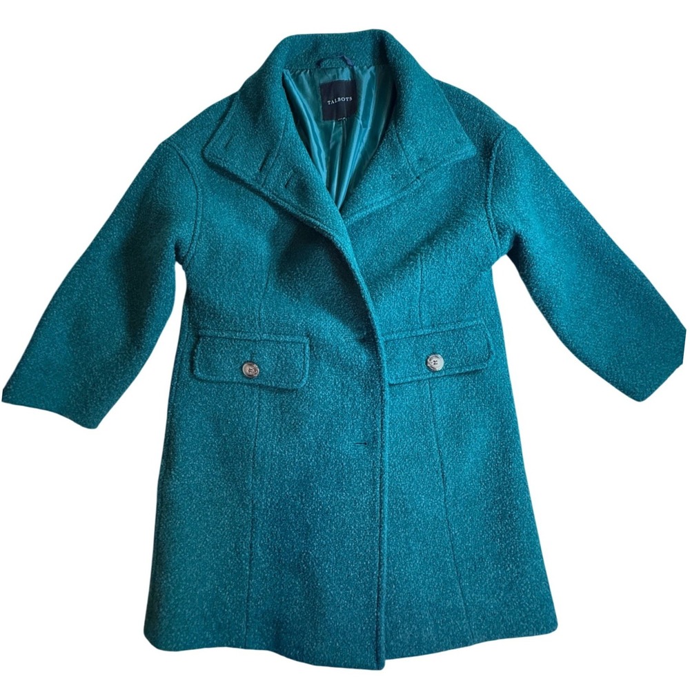 Talbots Green Wool Blend Boucle Funnel Neck Walker Coat Women Size 12